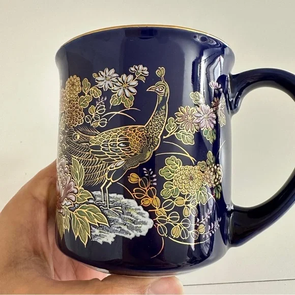 Vintage MCI Japan Cobalt Blue Peacock Floral Gold Print Coffee Mug 1 Pc - Picture 7 of 9